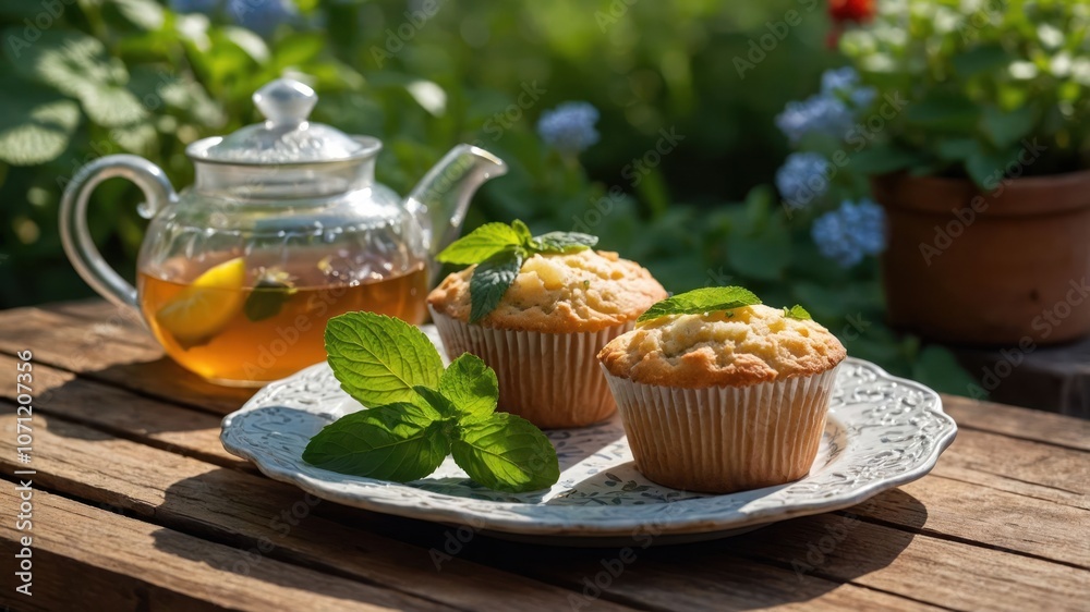 A serene outdoor setting featuring muffins and tea, perfect for a relaxing afternoon. A serene outdoor setting featuring muffins and tea, perfect for a relaxing afternoon.