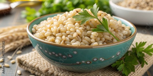 Grain Medley A closeup of barley tightly packed in a bowl showcasing its pearly grains and subtle shine surrounded by fresh herbs for a touch of color.