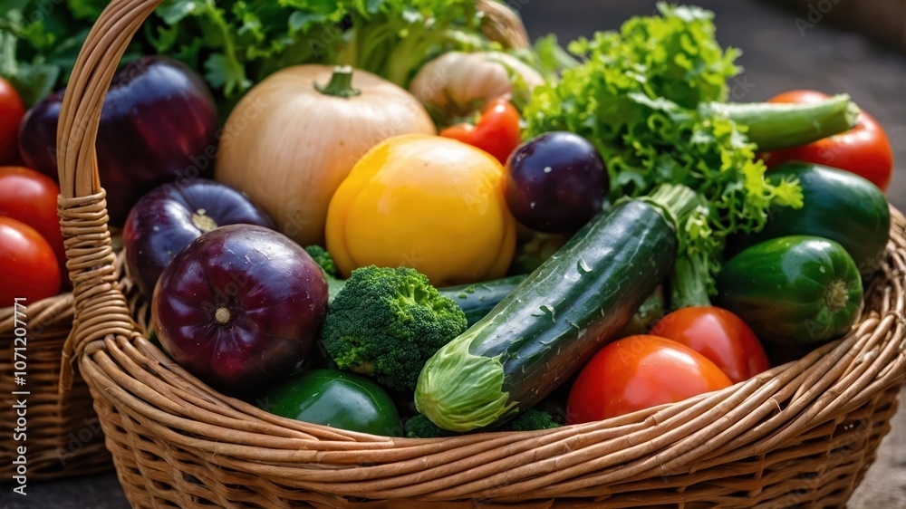 A basket filled with fresh vegetables, showcasing a variety of colors and types. A basket filled with fresh vegetables, showcasing a variety of colors and types.