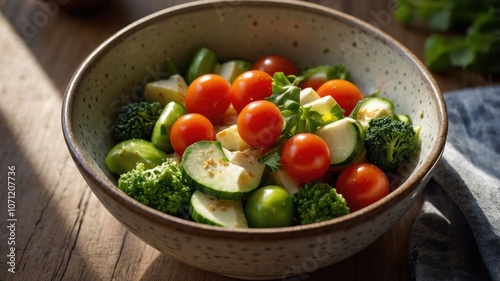 A vibrant bowl of fresh vegetables, showcasing healthy eating and nutrition.