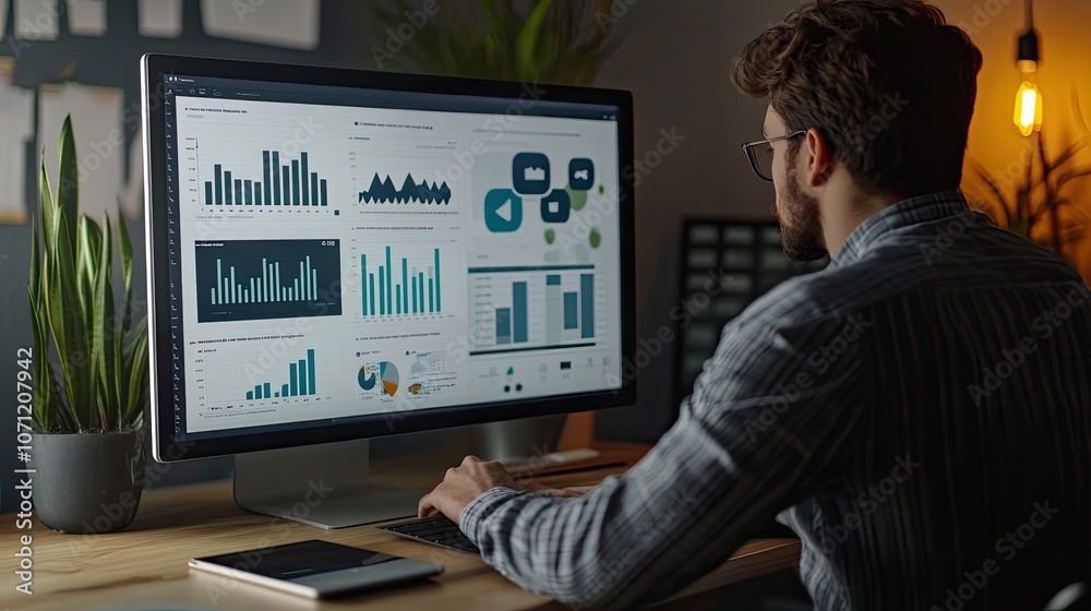 A digital marketer analyzing social media metrics on a large dashboard, showcasing the importance of data in growing online presence. A digital marketer analyzing social media metrics on a large dashboard, showcasing the importance of data in growing online presence.