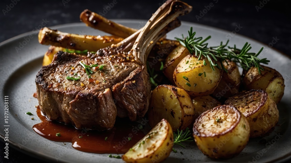 A succulent lamb chop with roasted potatoes and herbs, elegantly plated for gourmet dining. A succulent lamb chop with roasted potatoes and herbs, elegantly plated for gourmet dining.