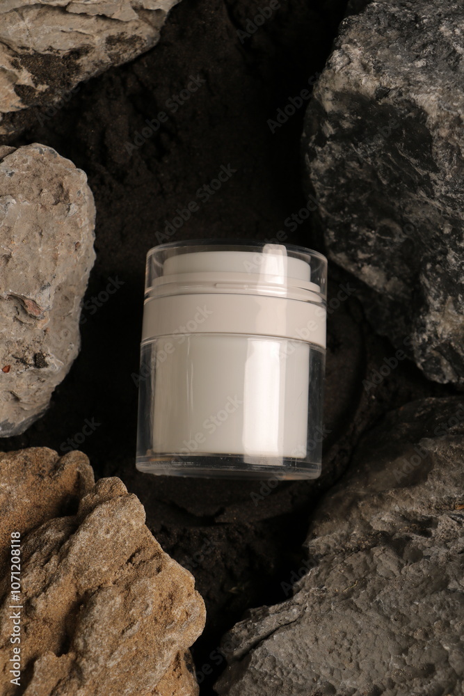 Luxury White Cosmetic Jar with Transparent Lid on Stone Background