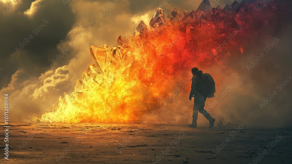 A lone hiker walks toward a fiery crystal wall. A lone hiker walks toward a fiery crystal wall.
