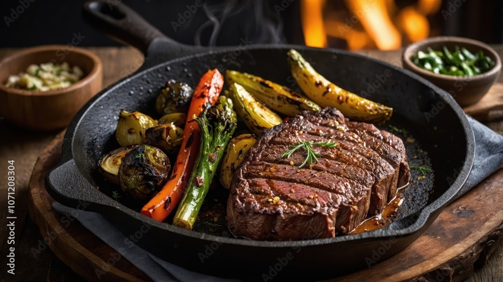 A delicious steak served with roasted vegetables in a skillet, exuding warmth and flavor. A delicious steak served with roasted vegetables in a skillet, exuding warmth and flavor.