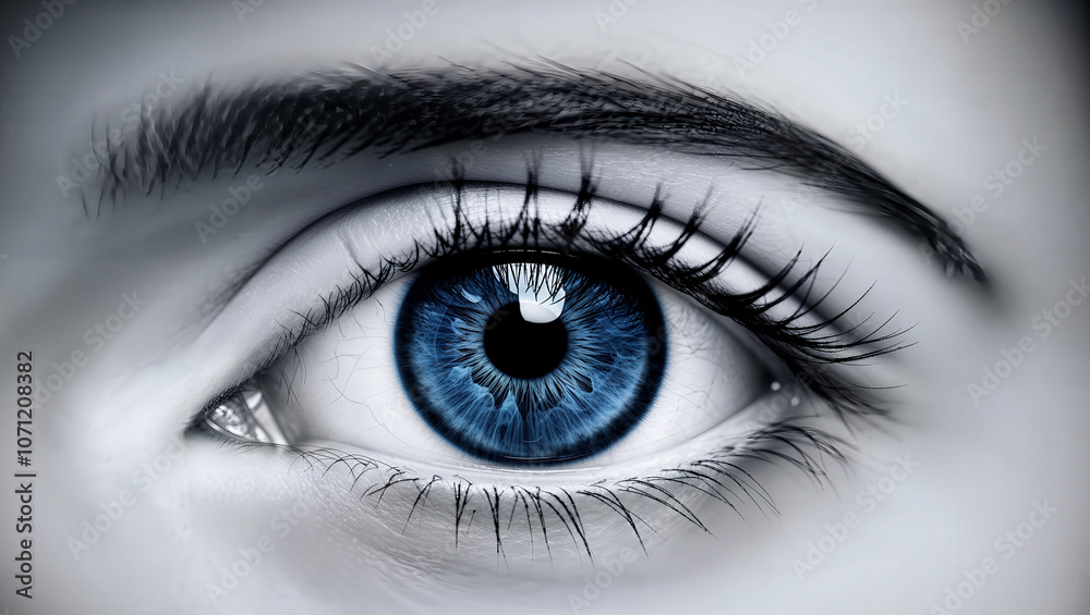 Fototapeta premium 鮮やかな青い瞳が印象的に輝くクローズアップが神秘的な雰囲気を引き立てる。生成AI