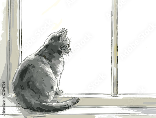 white background, Cat perched on a windowsill looking outside - isolate on a window background., very simple and isolate in the style of animated illustrations with drawings in pencil easy, art