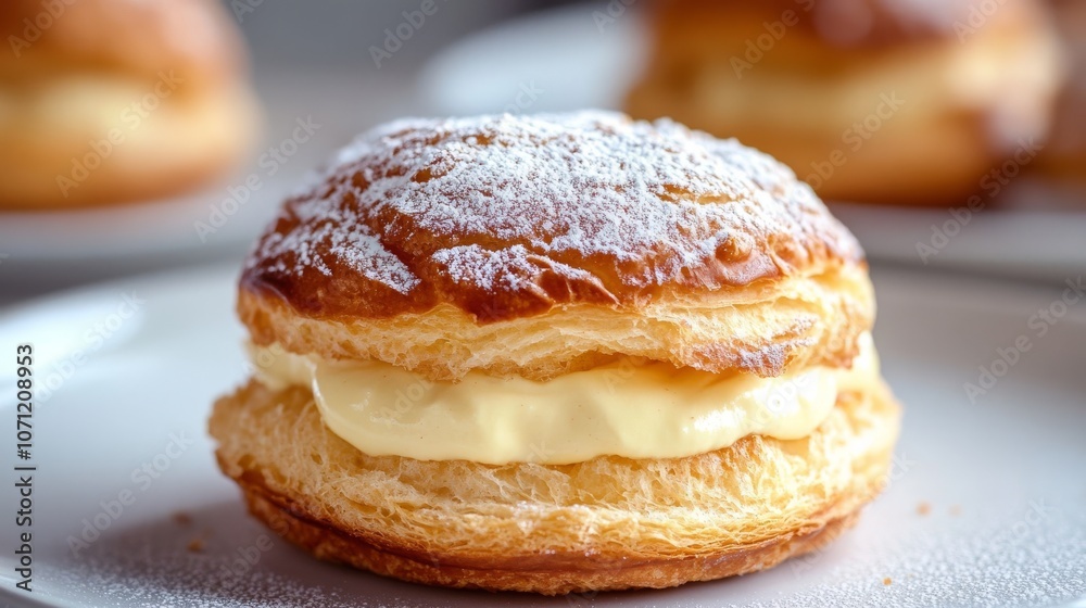 Cream puff on table, choux pastry. Cream puff on table, choux pastry.