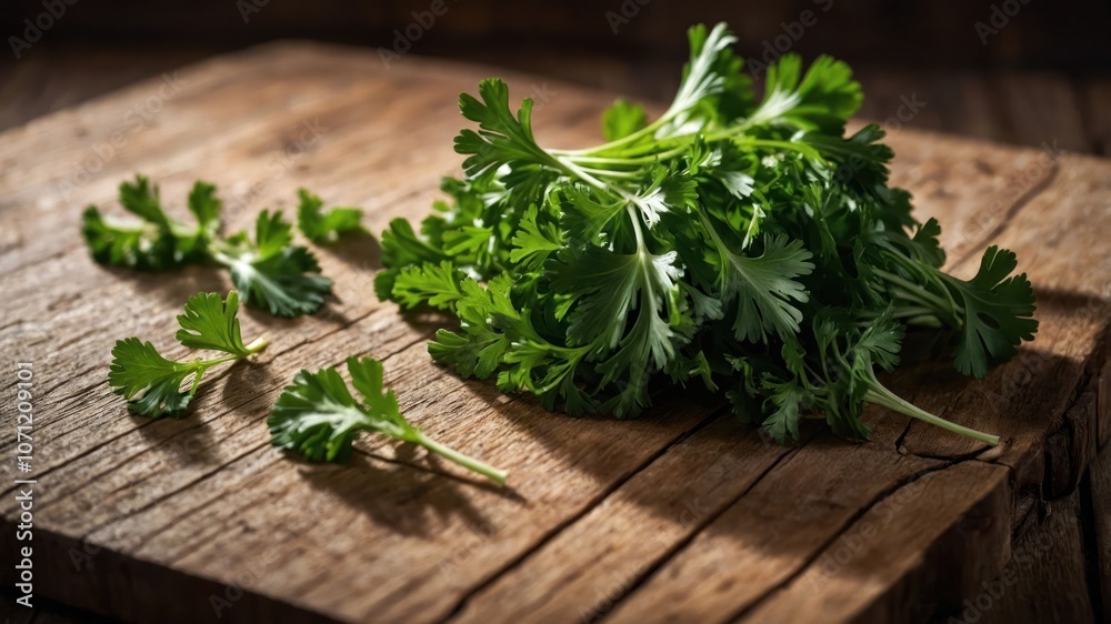 A fresh bunch of cilantro on a rustic wooden surface, ideal for culinary use. A fresh bunch of cilantro on a rustic wooden surface, ideal for culinary use.