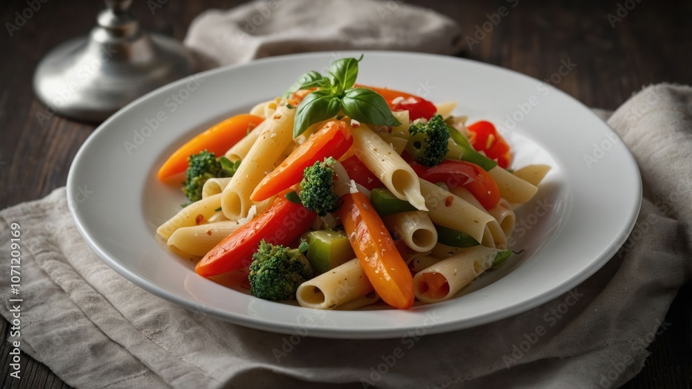 A colorful pasta dish with vegetables, served on a white plate. A colorful pasta dish with vegetables, served on a white plate.