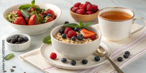 A closeup of a neatly laidout breakfast spread with oatmeal fresh berries and a steaming cup of herbal tea capturing the essence of starting the day on a consistent note. photo