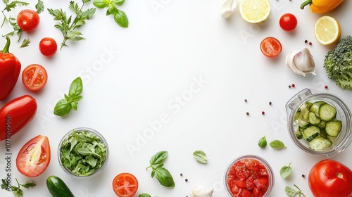 Fresh vegetables and herbs arranged around an empty space on white background.