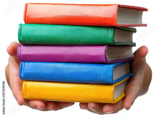 Colorful stacked books held in hands, symbolizing knowledge and learning photo