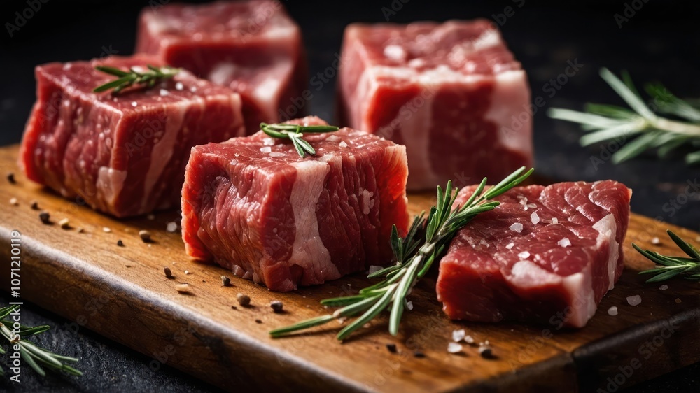 Fresh cuts of meat with rosemary on a wooden board, ideal for culinary presentations. Fresh cuts of meat with rosemary on a wooden board, ideal for culinary presentations.
