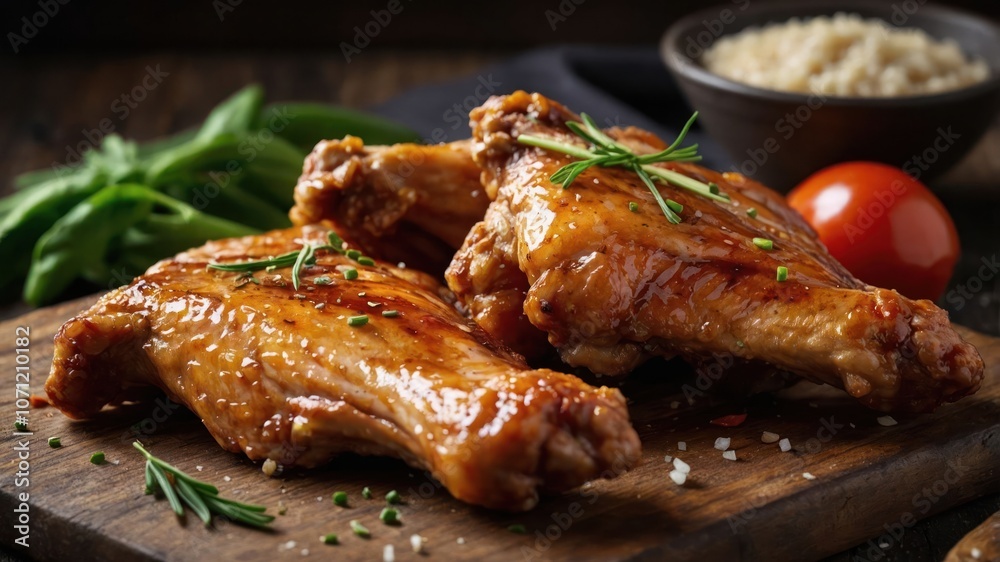 A close-up of glazed chicken wings garnished with herbs on a wooden board. A close-up of glazed chicken wings garnished with herbs on a wooden board.