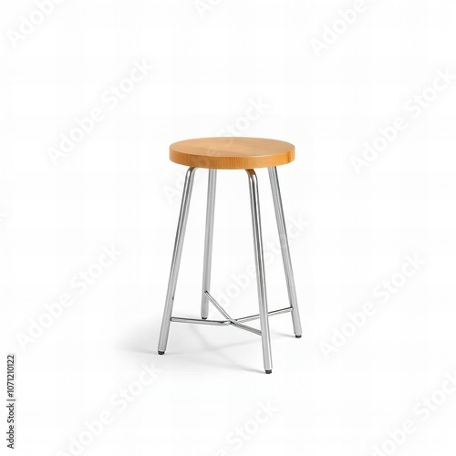 a close up of a stool with a wooden seat on a white surface.