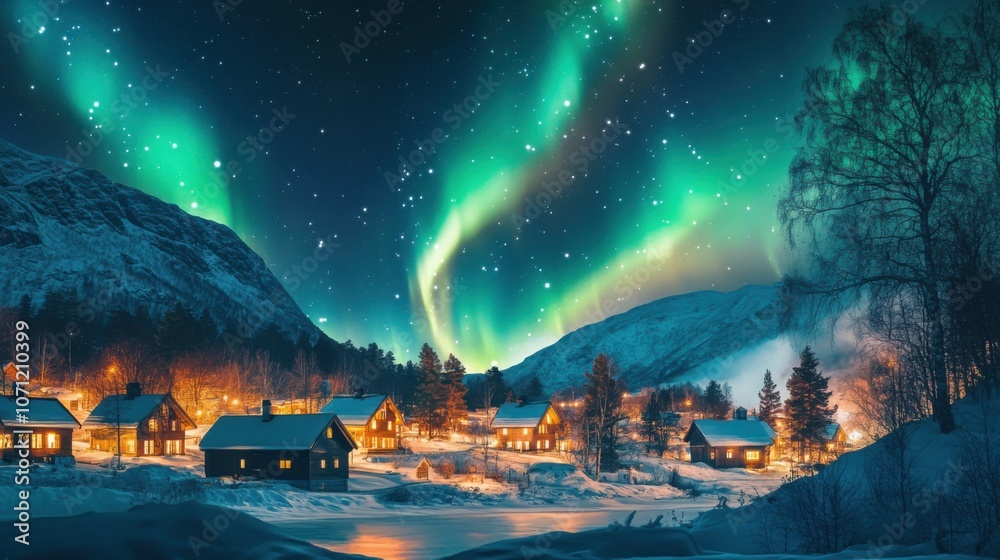 Fototapeta premium Aurora's Embrace: Nordic Village Serenity