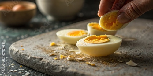 A closeup of a textured surface highlighting the creamy yellow yolk of a hardboiled egg just as a hand enters the frame to grab it.