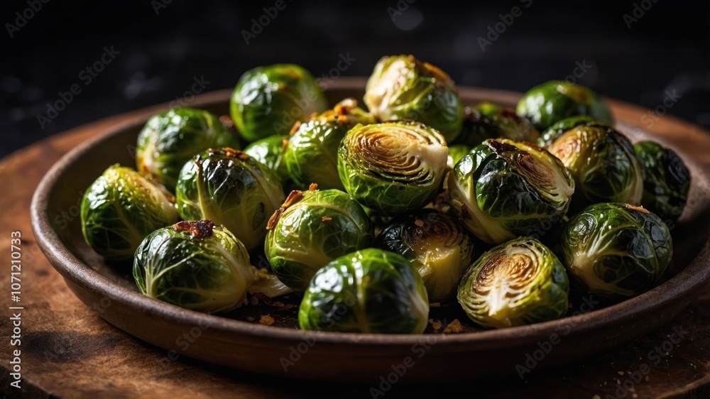 A plate of roasted Brussels sprouts, garnished and ready to serve. A plate of roasted Brussels sprouts, garnished and ready to serve.