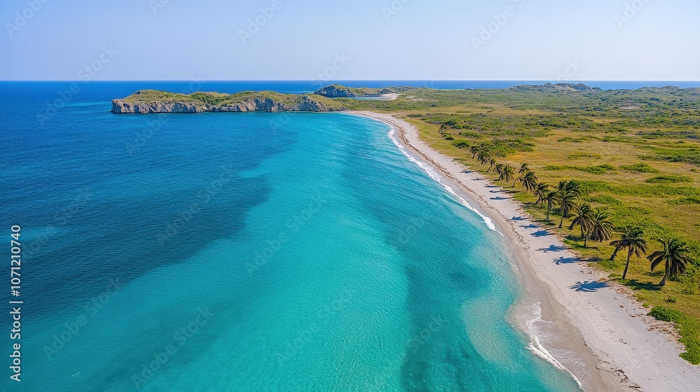 Stunning Aerial View of Tropical Caribbean Beach with Turquoise Water and Palm Trees, Ideal for Tropical Vacations, Nature Exploration, and Relaxation Stunning Aerial View of Tropical Caribbean Beach with Turquoise Water and Palm Trees, Ideal for Tropical Vacations, Nature Exploration, and Relaxation