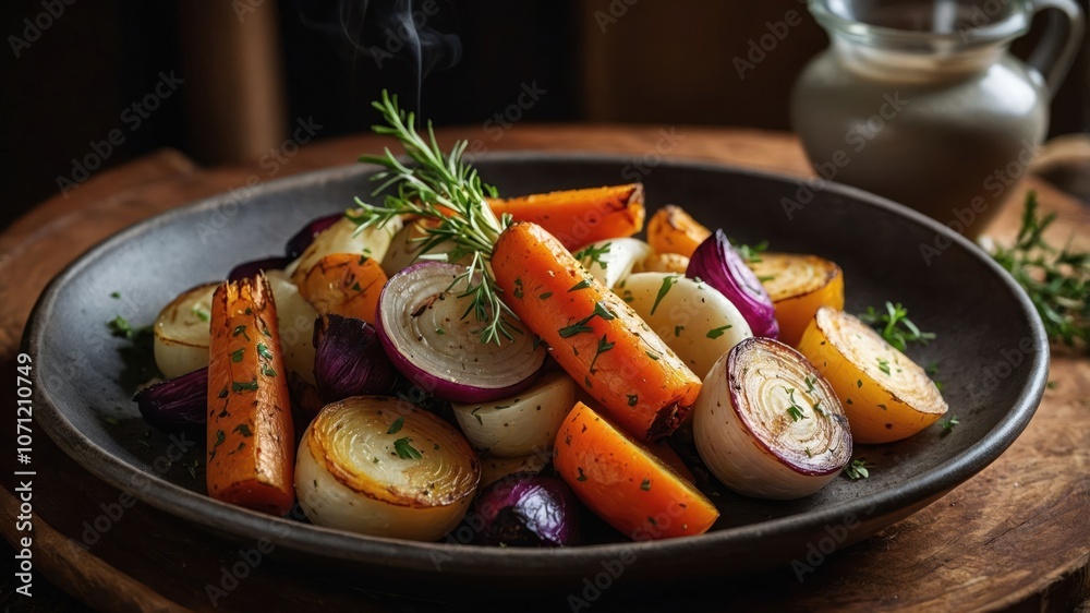 A colorful platter of roasted vegetables garnished with herbs, showcasing a healthy dish. A colorful platter of roasted vegetables garnished with herbs, showcasing a healthy dish.