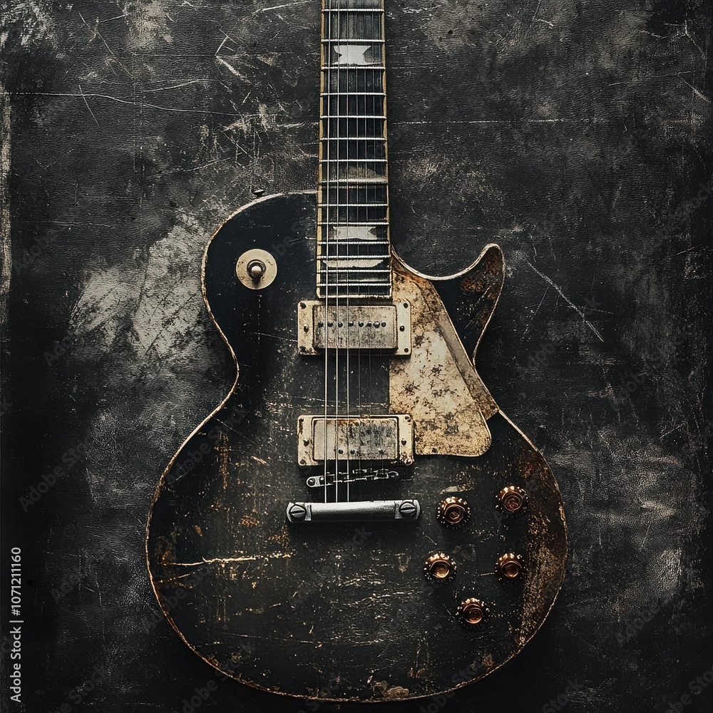 Aged Les Paul Guitar: A relic of rock 'n' roll history, a vintage Les Paul electric guitar with a distressed, aged finish rests against a dark, textured background. Aged Les Paul Guitar: A relic of rock 'n' roll history, a vintage Les Paul electric guitar with a distressed, aged finish rests against a dark, textured background.