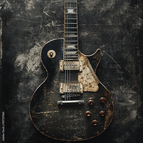 Aged Les Paul Guitar: A relic of rock 'n' roll history, a vintage Les Paul electric guitar with a distressed, aged finish rests against a dark, textured background.