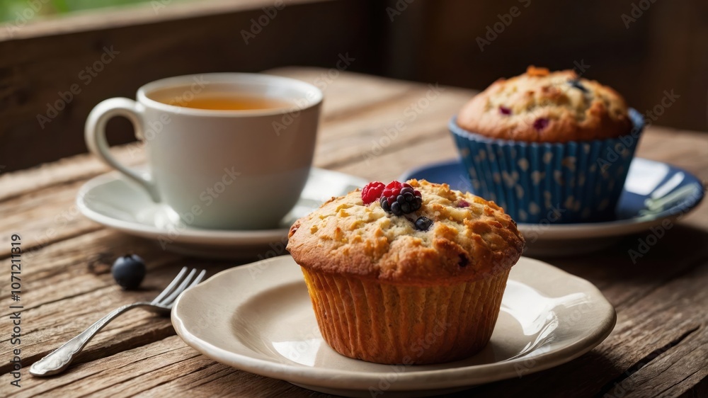A cozy scene featuring muffins and tea on a wooden table. A cozy scene featuring muffins and tea on a wooden table.