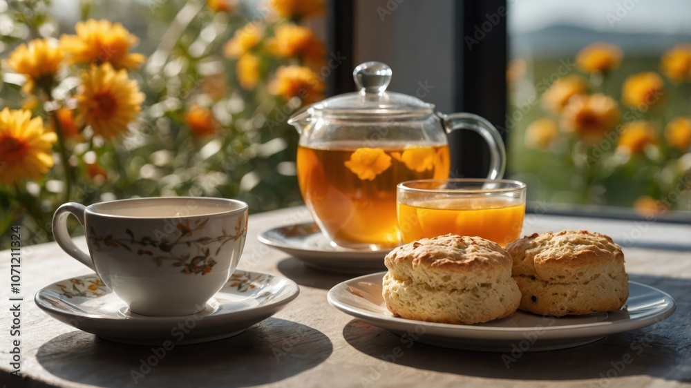 A serene breakfast scene with tea, juice, and scones amidst vibrant flowers.