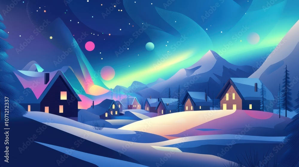 Obraz premium Aurora's Embrace: Nordic Village Serenity