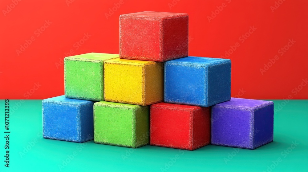 A pyramid of colorful wooden blocks on a red and turquoise background. A pyramid of colorful wooden blocks on a red and turquoise background.