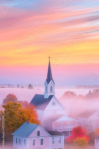 Village church steeple rising above the fog, soft pastel sky, quiet and enchanting rural morning, historical charm photo