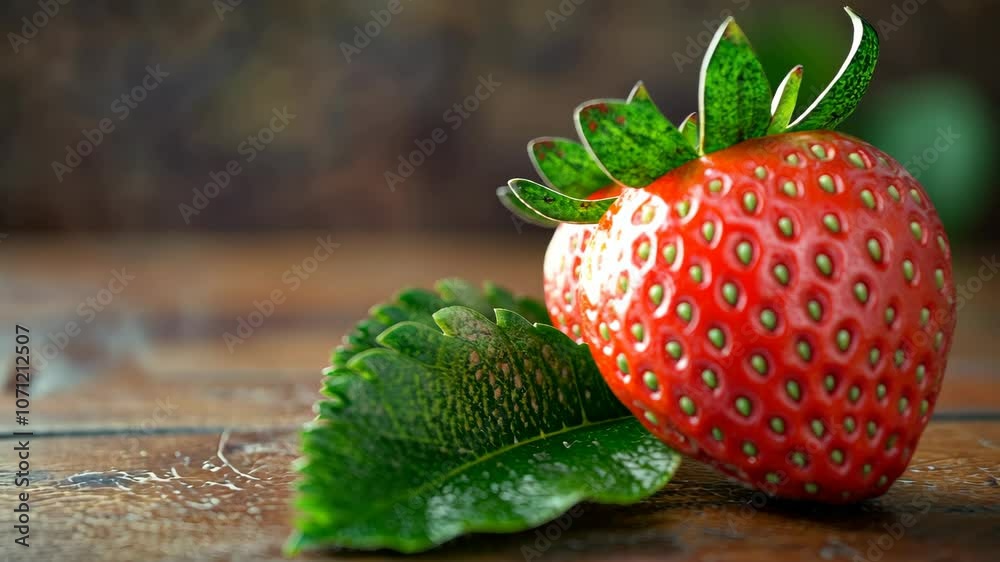 A ripe strawberry with green leaves sits on a wooden surface
