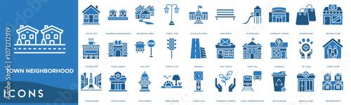 Town Neighborhood icon. House, Suburban Neighborhood, Residential Area, Street Lamp and School Building