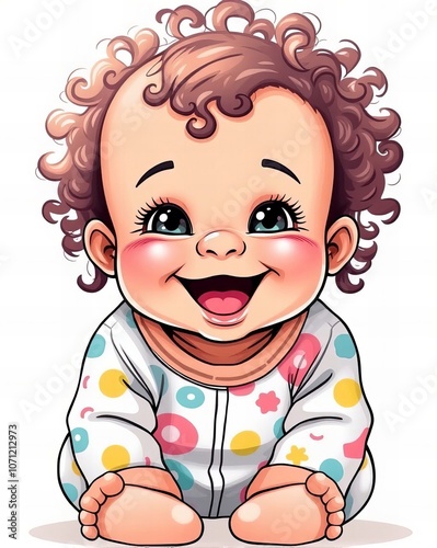 cartoon baby with curly hair and a smile on his face.