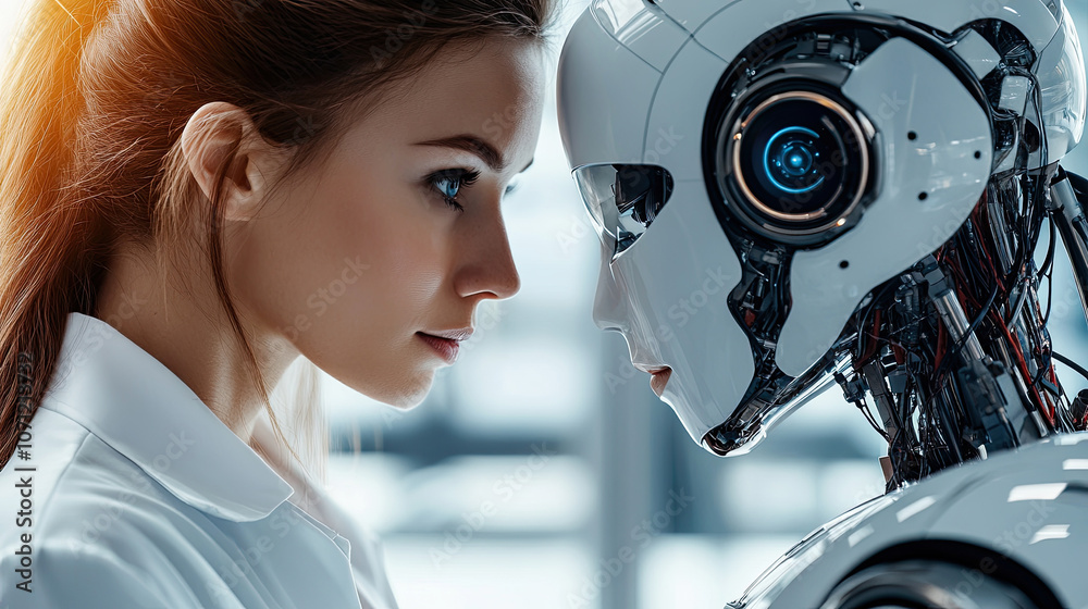 Women and robots are communicating, the concept of artificial intelligence Women and robots are communicating, the concept of artificial intelligence