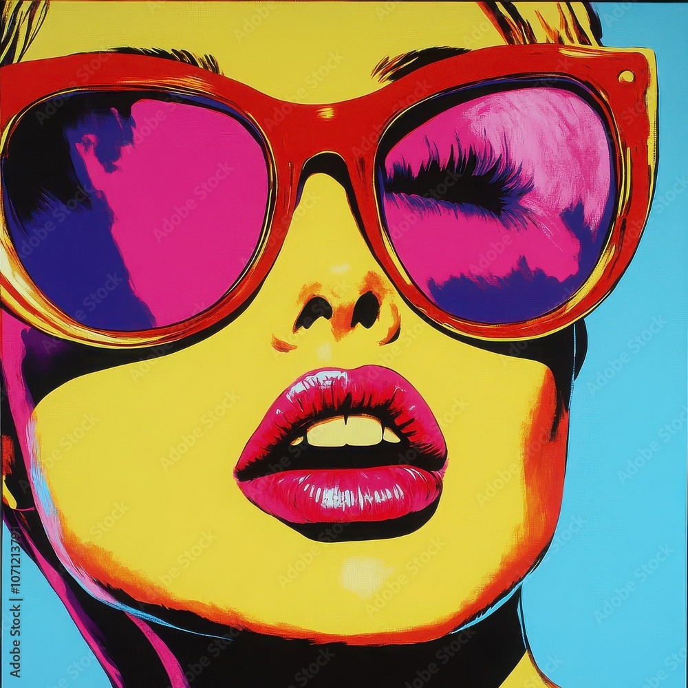 Pop Art Sunglasses: A vibrant and bold pop art illustration of a woman wearing oversized sunglasses, radiating confidence and style.