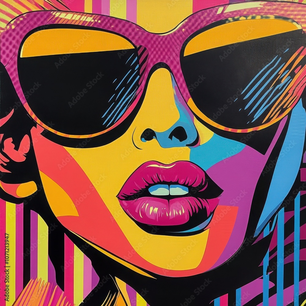 Pop Art Sunglasses: A vibrant and bold pop art illustration of a woman's face with oversized sunglasses and bright pink lips, radiating a retro cool and confident vibe. Pop Art Sunglasses: A vibrant and bold pop art illustration of a woman's face with oversized sunglasses and bright pink lips, radiating a retro cool and confident vibe.