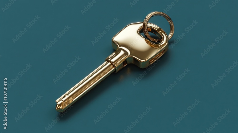 A shiny gold key with a ring on a teal background. A shiny gold key with a ring on a teal background.