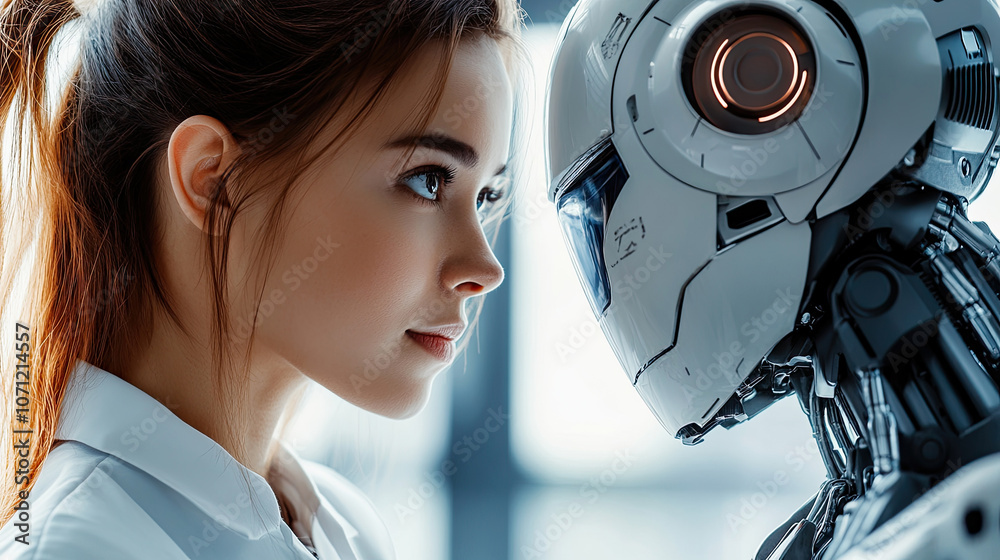 Women and robots are communicating, the concept of artificial intelligence Women and robots are communicating, the concept of artificial intelligence