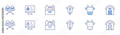 Farm icon set in two styles, Duotone and Thin Line style. Editable stroke. market, smart farm, vegetables, bird house, cow, farm house