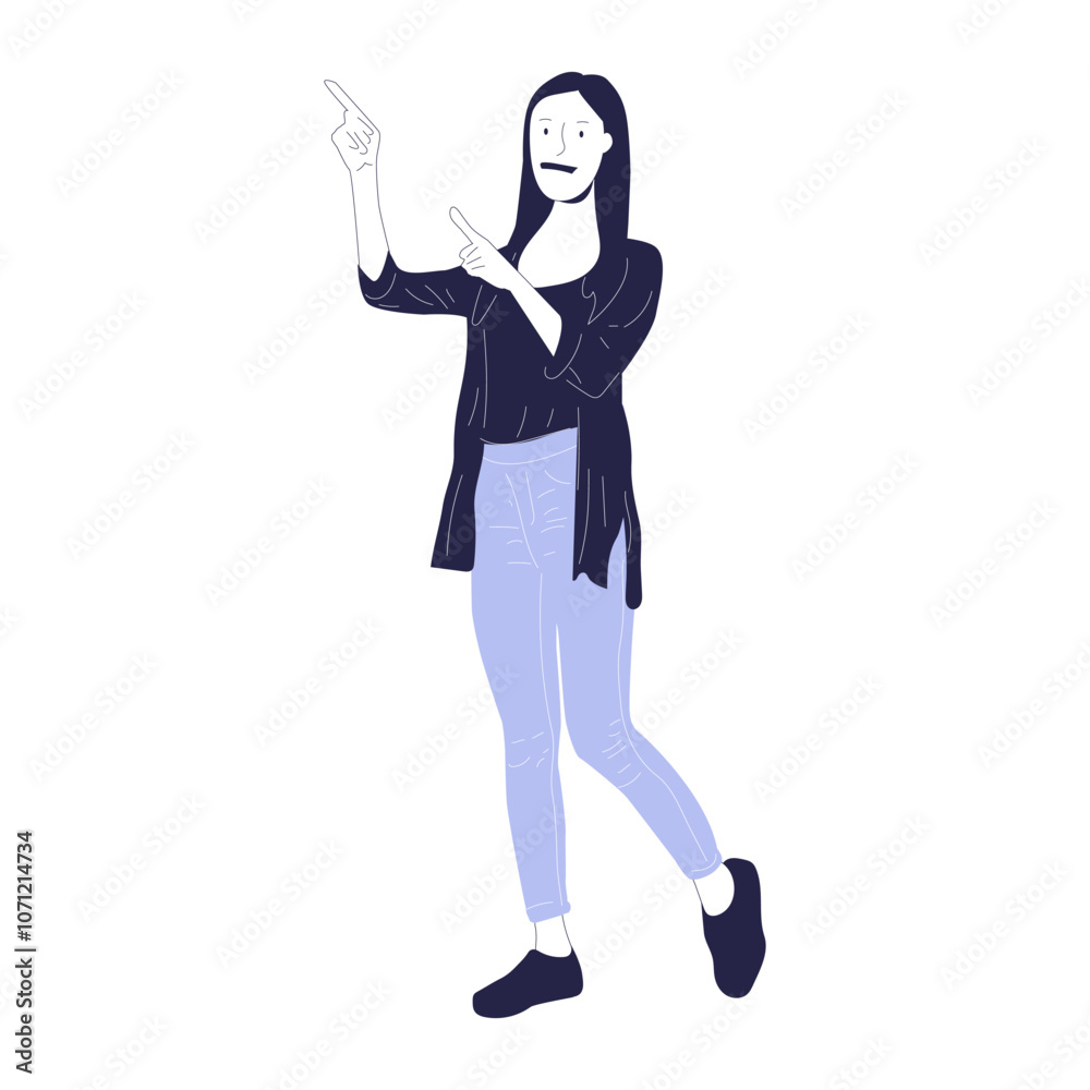 Asian woman pointing copy space and smiling while standing Asian woman pointing copy space and smiling while standing
