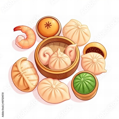 a cartoon illustration of a chinese food set with shrimp, dumplings, shrimp, and shrimp. photo