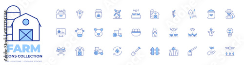 Farm icons collection. Line Duotone style, editable stroke. agronomy, market, smart farm, shovel, tractor, eggs, farmer, watering, pig, field, cow, farm house, fence, hoe, light