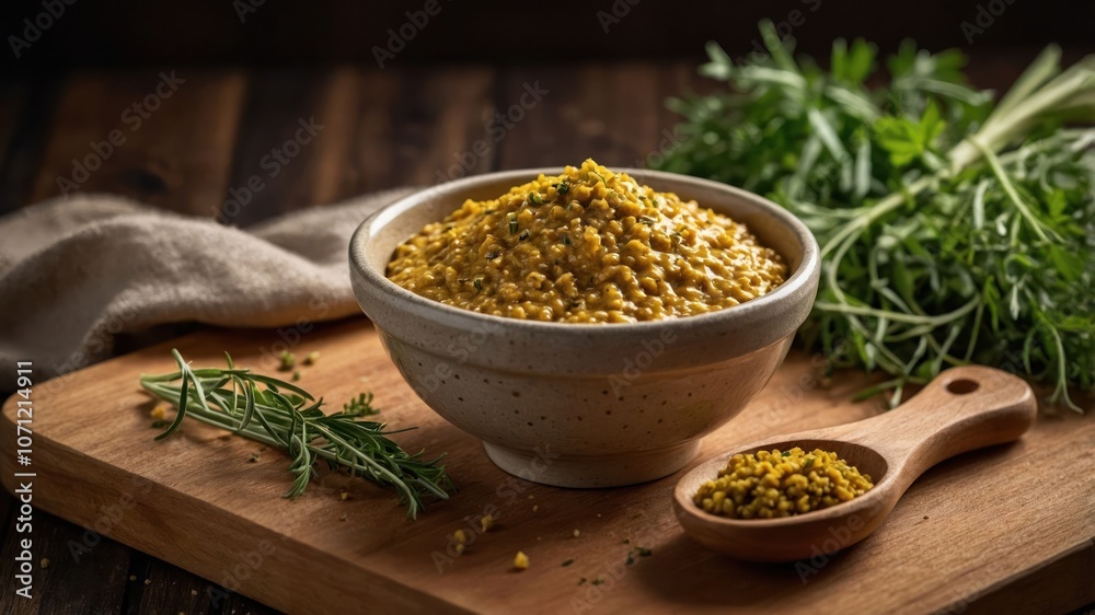 A bowl of mustard seeds surrounded by fresh herbs on a wooden surface. A bowl of mustard seeds surrounded by fresh herbs on a wooden surface.