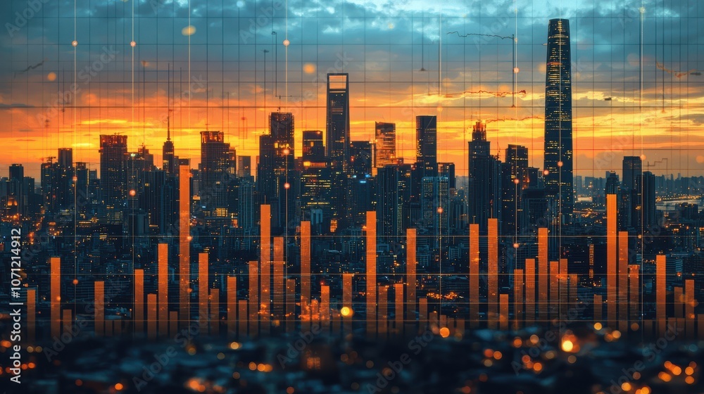 Fototapeta premium vibrant city skyline at sunset with financial graphs overlaying scene, symbolizing economic growth and market trends. image captures dynamic intersection of urban life and financial analysis