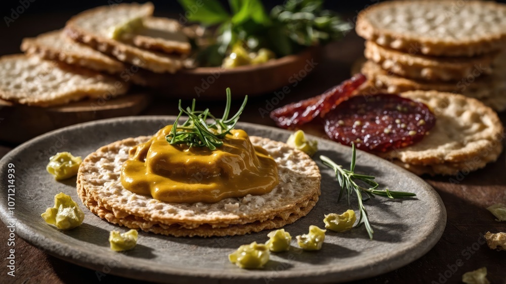 A plate of crispbread topped with mustard, herbs, and garnishes, with snacks in the background. A plate of crispbread topped with mustard, herbs, and garnishes, with snacks in the background.