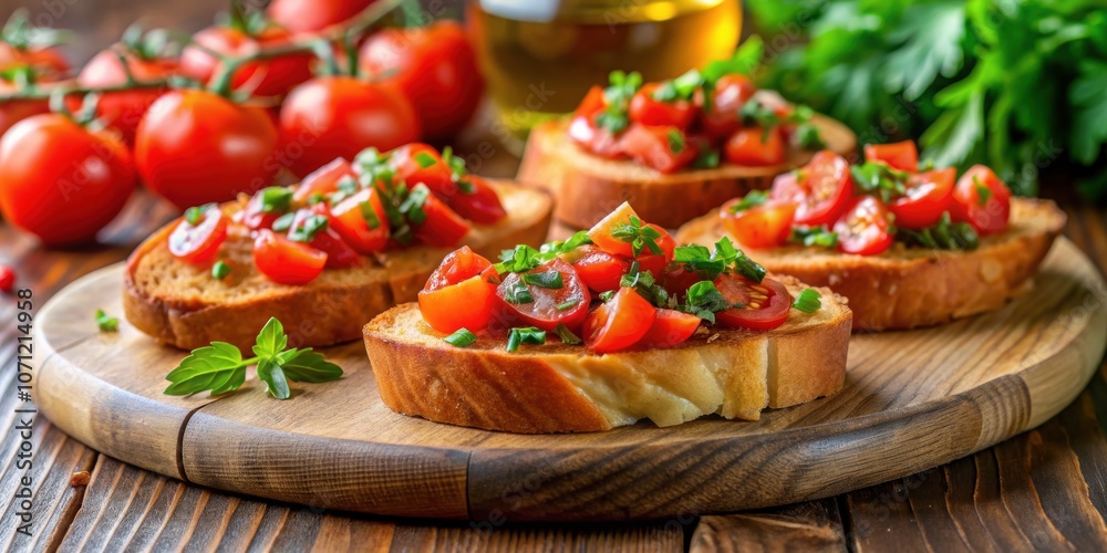 Fresh tomato bruschetta topped with parsley and drizzled with oil, food, appetizer, Italian, bread, garlic, snack Fresh tomato bruschetta topped with parsley and drizzled with oil, food, appetizer, Italian, bread, garlic, snack