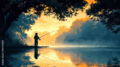 Fisherman Casting Line in Serene River at Sunrise