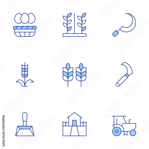 Farm icons set. Line Duotone style, editable stroke. wheat, plantation, eggs, house, sickle, tractor, dustpan